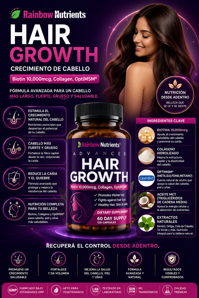 Hair Growth Advanced – Biotina 10,000 mcg + Colágeno para Cabello, Piel y Uñas